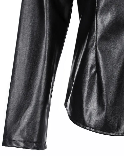 PU Leather Long Sleeve Flap Pocket Design Button Down Top black