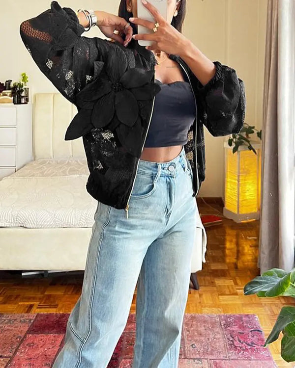 3D Flower Decor Stand Collar Zipper Front Sheer Lace Crop Jacket Casual Stretchy Cuffs Lightweight Breathable Loose Fit Coat black
