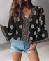 Floral Print V Neck Long Sleeve Blouse Casual Loose Fit Top black