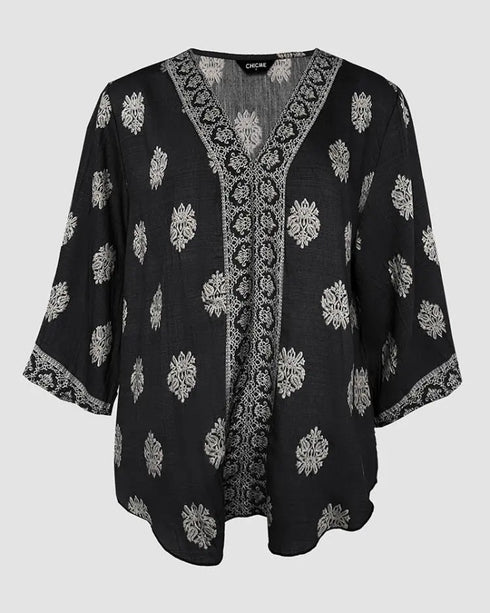 Floral Print V Neck Long Sleeve Blouse Casual Loose Fit Top black