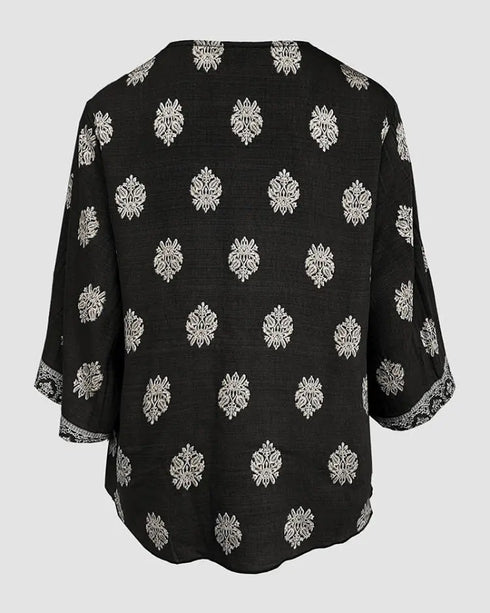 Floral Print V Neck Long Sleeve Blouse Casual Loose Fit Top black