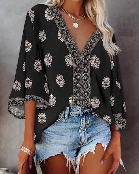 Floral Print V Neck Long Sleeve Blouse Casual Loose Fit Top black