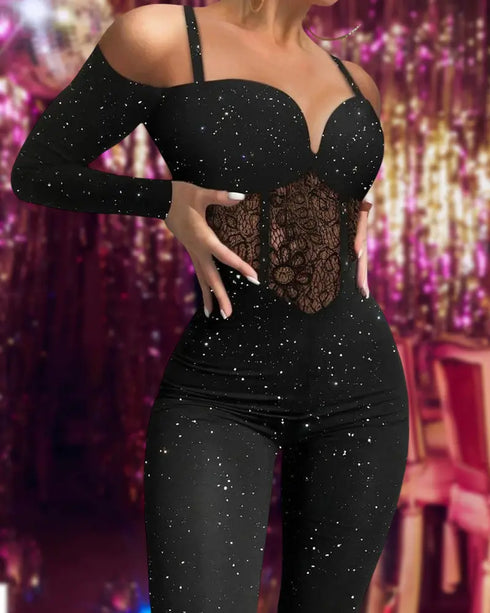 Glitter Cold Shoulder Contrast Lace Corset Jumpsuit black