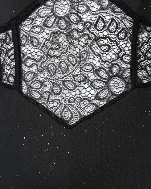 Glitter Cold Shoulder Contrast Lace Corset Jumpsuit black