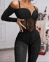 Glitter Cold Shoulder Contrast Lace Corset Jumpsuit black