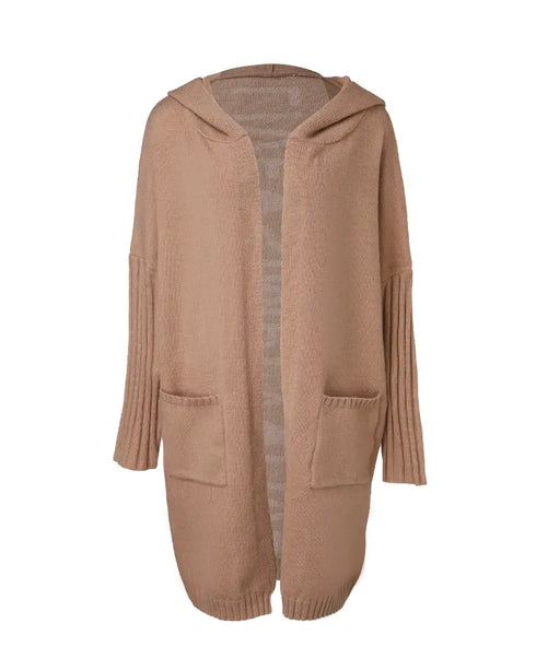 Letter Heart Pattern Long Cardigans Knitted Open Front Oversized Hooded Outerwear Sweater Coat khaki