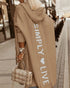 Letter Heart Pattern Long Cardigans Knitted Open Front Oversized Hooded Outerwear Sweater Coat khaki