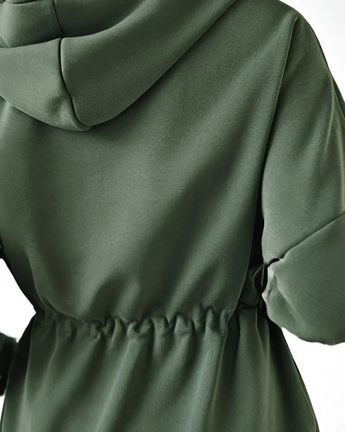 Long Sleeve Waist Drawstring Hooded Coat Casual Loose Fit Cardigan Jacket with Pockets Army green