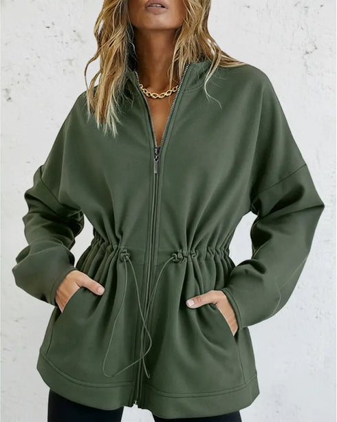 Long Sleeve Waist Drawstring Hooded Coat Casual Loose Fit Cardigan Jacket with Pockets Army green