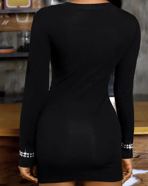 Studded One Shoulder Long Sleeve Bodycon Dress black
