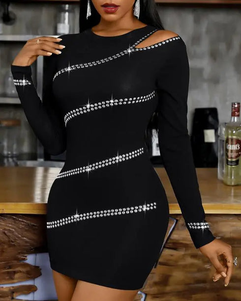 Studded One Shoulder Long Sleeve Bodycon Dress black