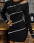 Studded One Shoulder Long Sleeve Bodycon Dress black