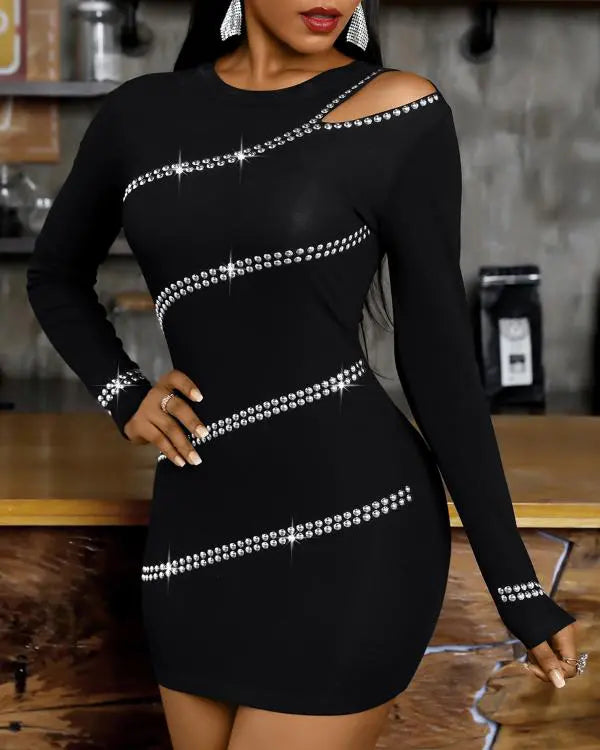 Studded One Shoulder Long Sleeve Bodycon Dress black