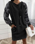 Stand Collar Sequin Long Sleeve Drawstring Casual Mini Straight Dress black