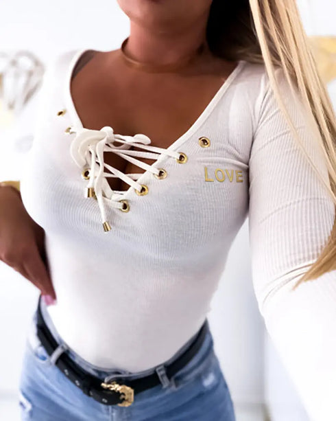 Lace-Up V-Neck Long Sleeve Ribbed Knit Shirt Casual Slim Fit Top white