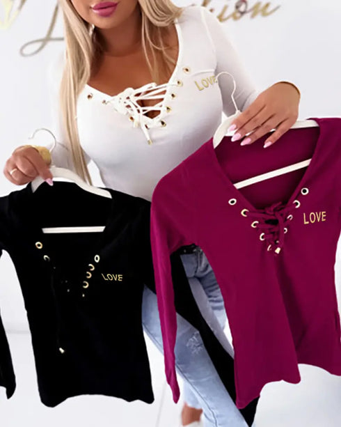 Lace-Up V-Neck Long Sleeve Ribbed Knit Shirt Casual Slim Fit Top white