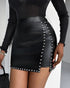 PU Leather Studded High Waist A Line Skirt Asymmetrical Hem Zipper Back Bodycon Mini Skirt black