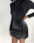 PU Leather Studded High Waist A Line Skirt Asymmetrical Hem Zipper Back Bodycon Mini Skirt black