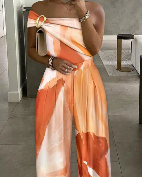 Metal Ring Decor Off Shoulder Ruched High Waist Jumpsuit Casual Cinched Waist Wide Leg Jumpsuit Multicolor