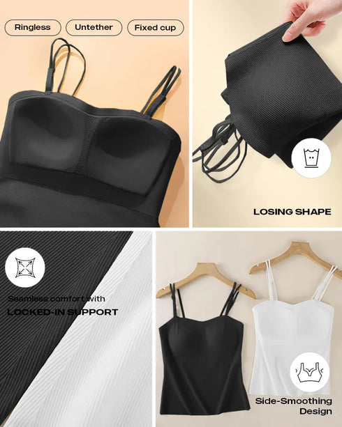 Multi Adjustable Spaghetti Straps Built in Bra Cami Top Sexy Ribbed Slim Fit Workout Camisole Top black
