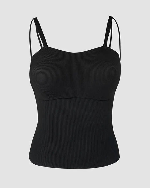 Multi Adjustable Spaghetti Straps Built in Bra Cami Top Sexy Ribbed Slim Fit Workout Camisole Top black