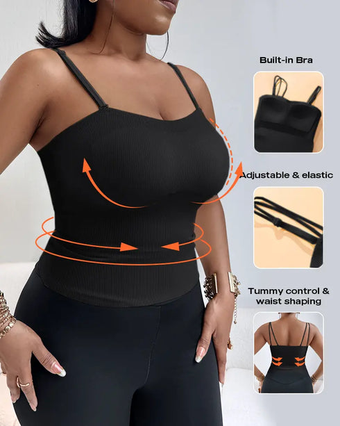 Multi Adjustable Spaghetti Straps Built in Bra Cami Top Sexy Ribbed Slim Fit Workout Camisole Top black