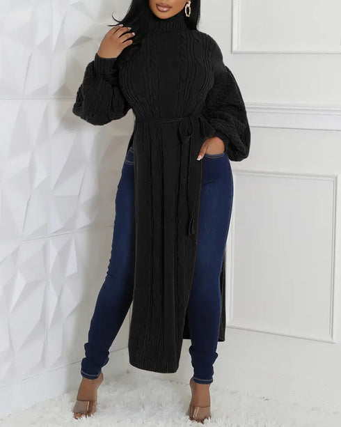 Cable Textured High Neck Lantern Sleeve Bow Tie Waist Sweater Casual High Slit Knit Longline Top black