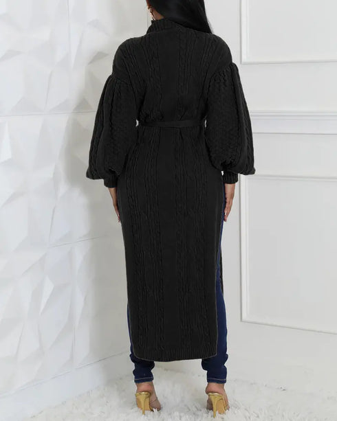 Cable Textured High Neck Lantern Sleeve Bow Tie Waist Sweater Casual High Slit Knit Longline Top black