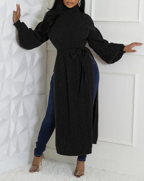 Cable Textured High Neck Lantern Sleeve Bow Tie Waist Sweater Casual High Slit Knit Longline Top black