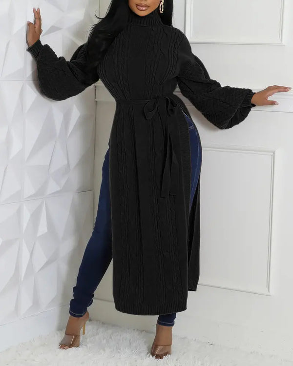 Cable Textured High Neck Lantern Sleeve Bow Tie Waist Sweater Casual High Slit Knit Longline Top black