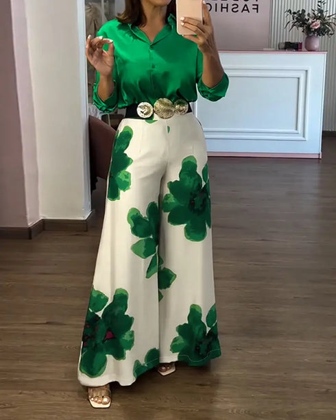 2 Pieces Outfit Long Sleeve Satin Blouse and Casual Floral Print High Waist Wide Leg Pants Set green