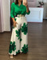 2 Pieces Outfit Striped & Golden Floral Print Turn-down Collar Button Front Top and Causal High Waist Elastic Back Waist Wide Leg Pants Set green