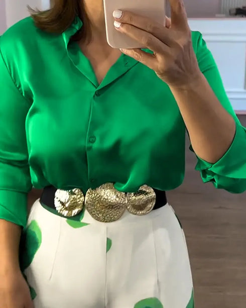 2 Pieces Outfit Striped & Golden Floral Print Turn-down Collar Button Front Top and Causal High Waist Elastic Back Waist Wide Leg Pants Set green