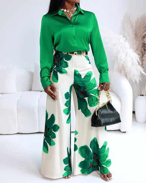 2 Pieces Outfit Striped & Golden Floral Print Turn-down Collar Button Front Top and Causal High Waist Elastic Back Waist Wide Leg Pants Set green