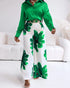 2 Pieces Outfit Long Sleeve Satin Blouse and Casual Floral Print High Waist Wide Leg Pants Set green