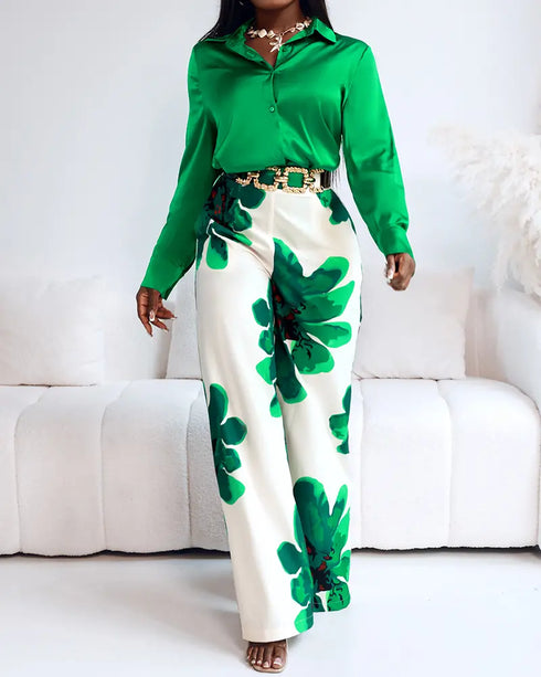 2 Pieces Outfit Long Sleeve Satin Blouse and Casual Floral Print High Waist Wide Leg Pants Set green