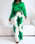 2 Pieces Outfit Long Sleeve Satin Blouse and Casual Floral Print High Waist Wide Leg Pants Set green