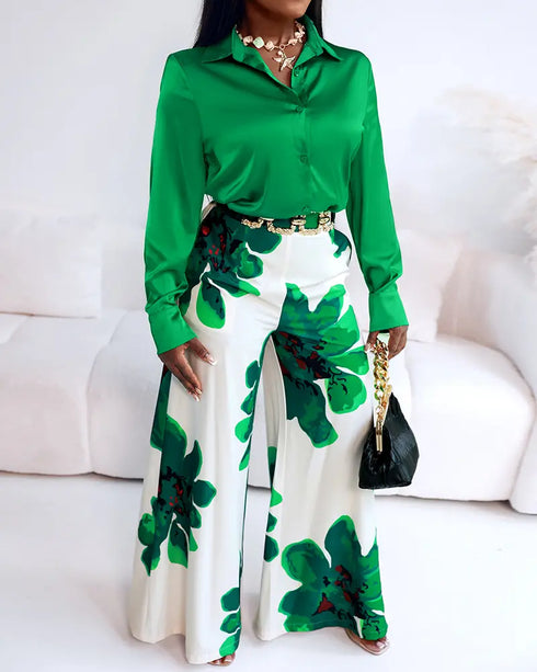 2 Pieces Outfit Long Sleeve Satin Blouse and Casual Floral Print High Waist Wide Leg Pants Set green