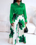 2 Pieces Outfit Long Sleeve Satin Blouse and Casual Floral Print High Waist Wide Leg Pants Set green