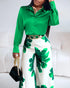 2 Pieces Outfit Long Sleeve Satin Blouse and Casual Floral Print High Waist Wide Leg Pants Set green