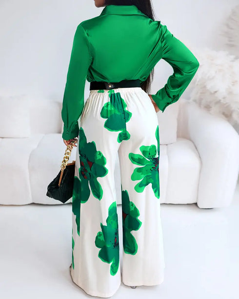 2 Pieces Outfit Long Sleeve Satin Blouse and Casual Floral Print High Waist Wide Leg Pants Set green