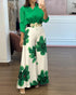 2 Pieces Outfit Long Sleeve Satin Blouse and Casual Floral Print High Waist Wide Leg Pants Set green