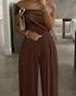 Metal Ring Decor Off Shoulder Ruched High Waist Jumpsuit Casual Cinched Waist Wide Leg Jumpsuit brown