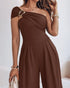 Metal Ring Decor Off Shoulder Ruched High Waist Jumpsuit Casual Cinched Waist Wide Leg Jumpsuit brown