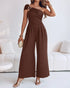 Cold Shoulder Ruched Buckle Wide Leg Jumpsuit brown