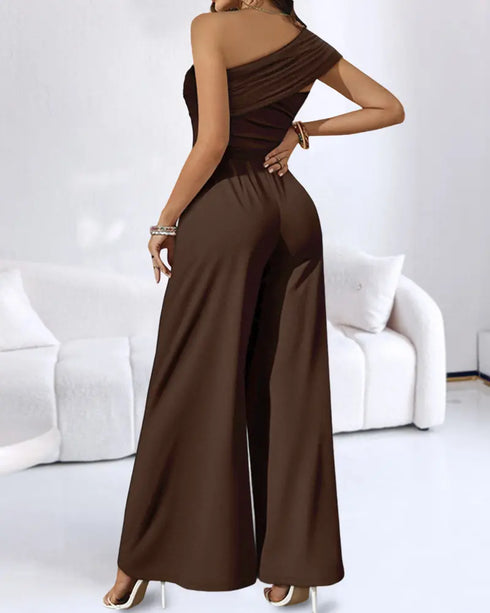 Metal Ring Decor Off Shoulder Ruched High Waist Jumpsuit Casual Cinched Waist Wide Leg Jumpsuit brown