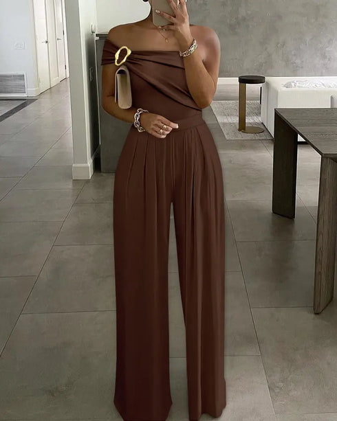 Metal Ring Decor Off Shoulder Ruched High Waist Jumpsuit Casual Cinched Waist Wide Leg Jumpsuit brown