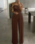 Metal Ring Decor Off Shoulder Ruched High Waist Jumpsuit Casual Cinched Waist Wide Leg Jumpsuit brown