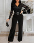 Metal Decor Scallop Trim V-Neck Lace Overlay Jumpsuit Casual Lace Long Sleeve Zipper Back Jumpsuit black
