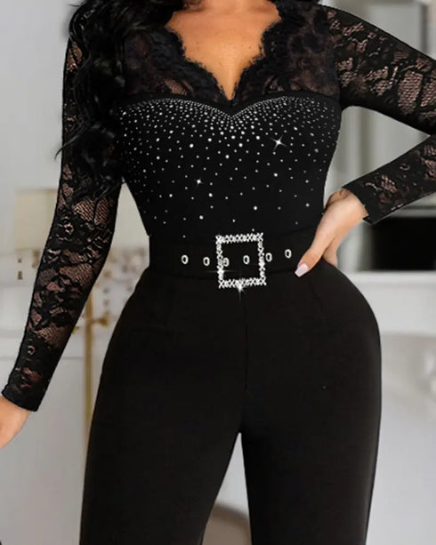 Off Shoulder Long Sleeve Eyelash Lace Spliced Slim Fit Overalls Casual Zipper Back Jumpsuit with Belt black